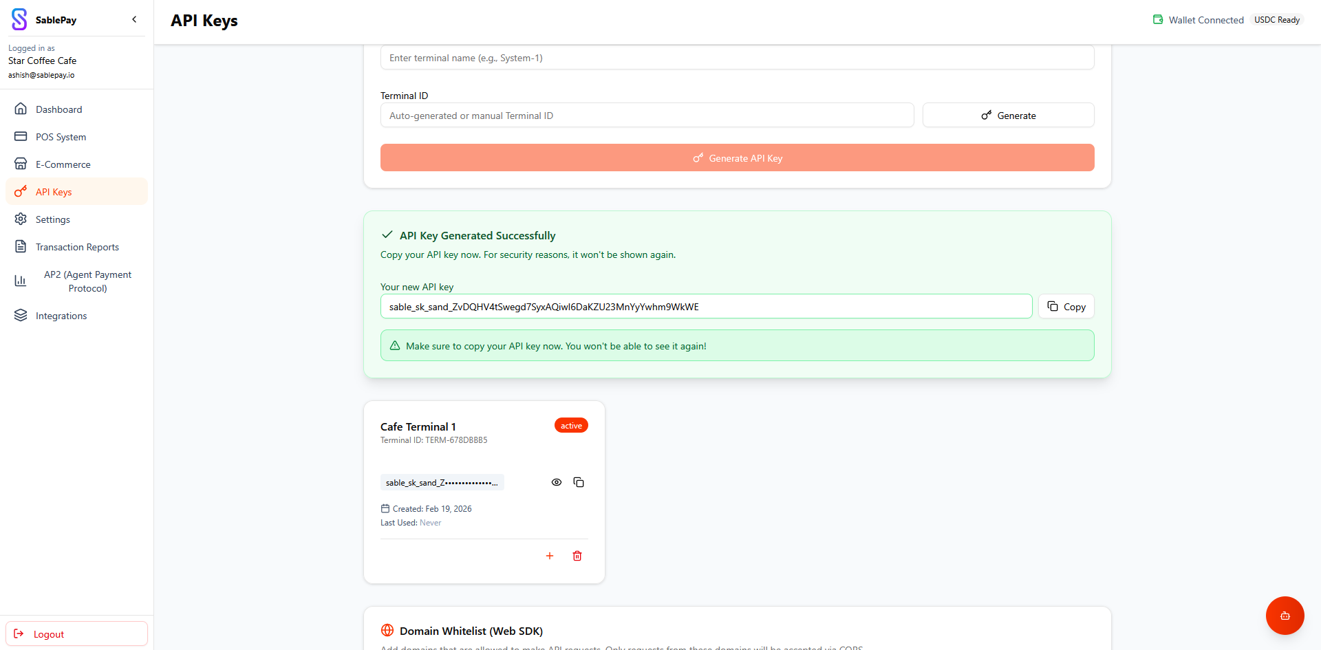 Newly Generated API Key Dialog