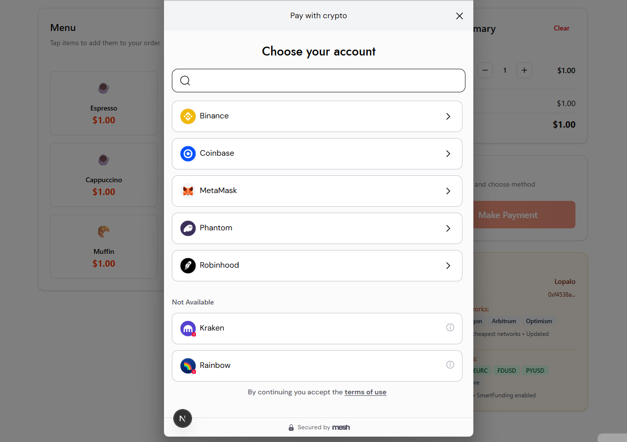 Mesh Payment – Choose Your Account